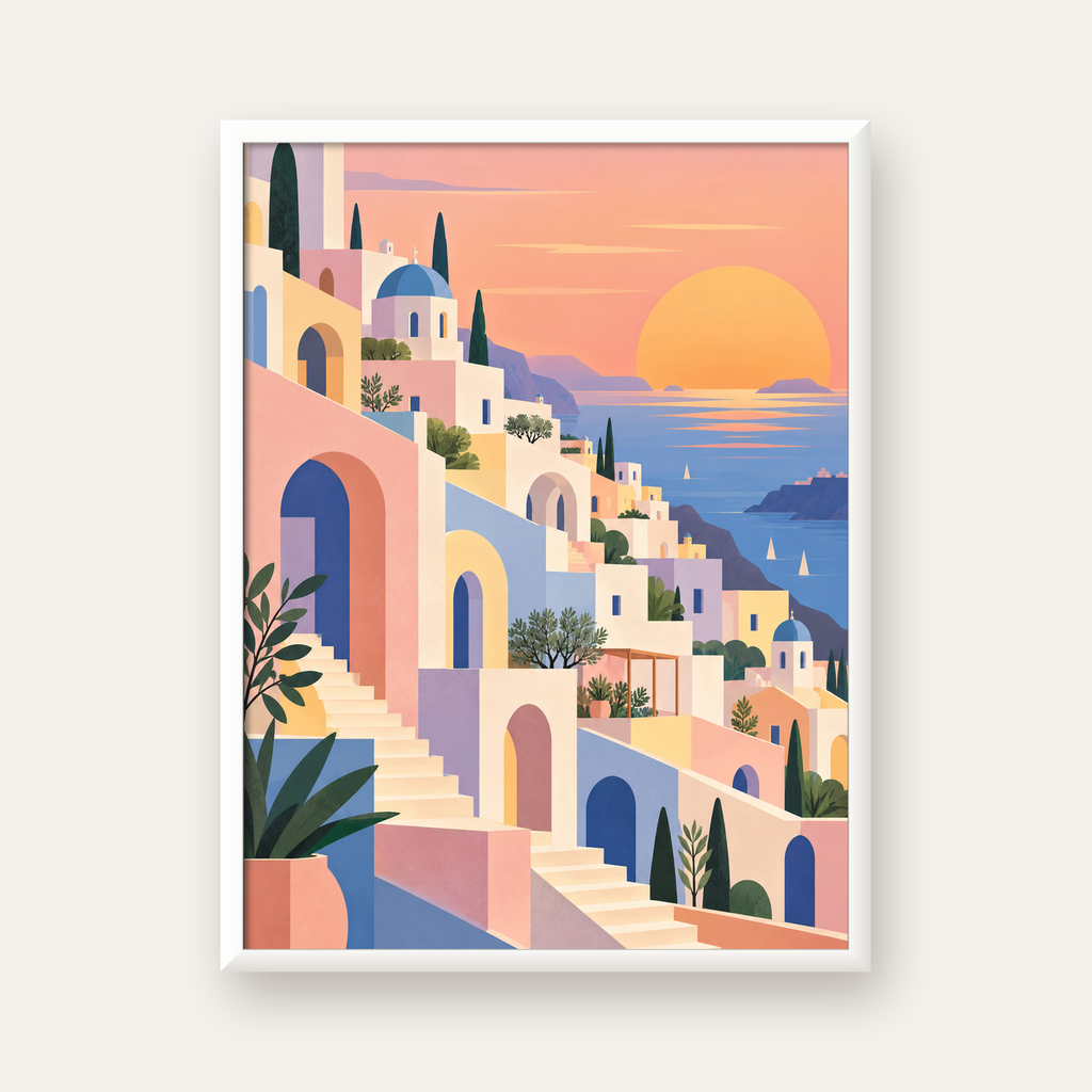Pastel Akdeniz Şehri — beyaz çerçeveli dikey poster