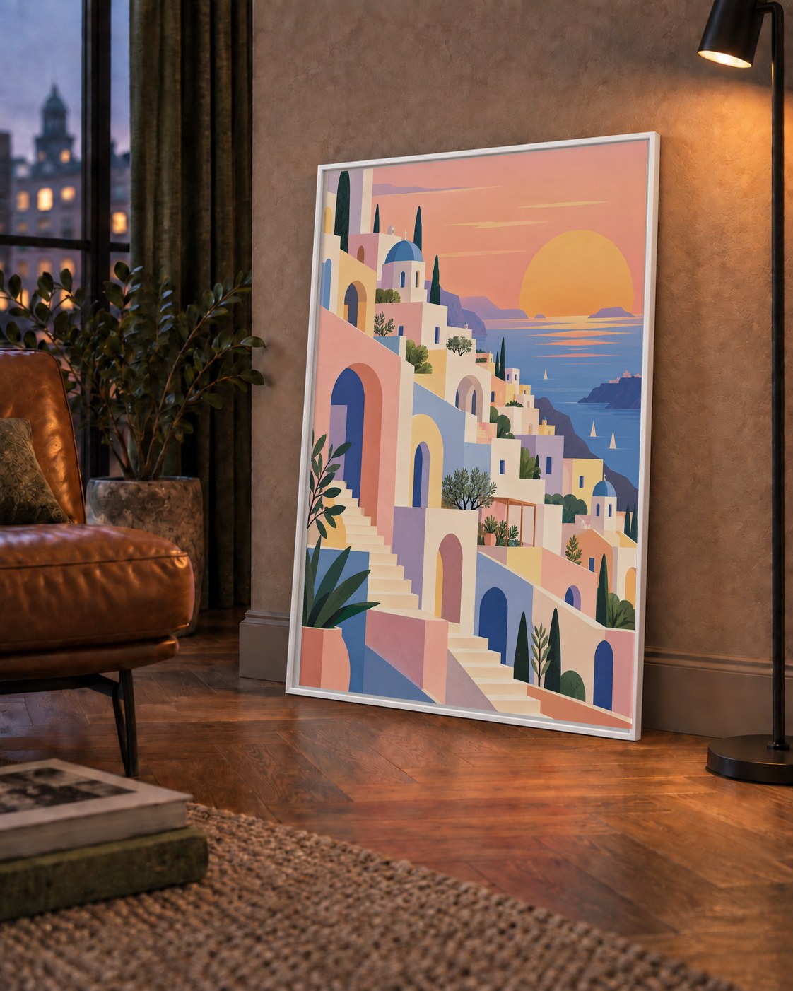 Pastel Akdeniz Şehri — çerçeveli hâliyle bir ev duvarında