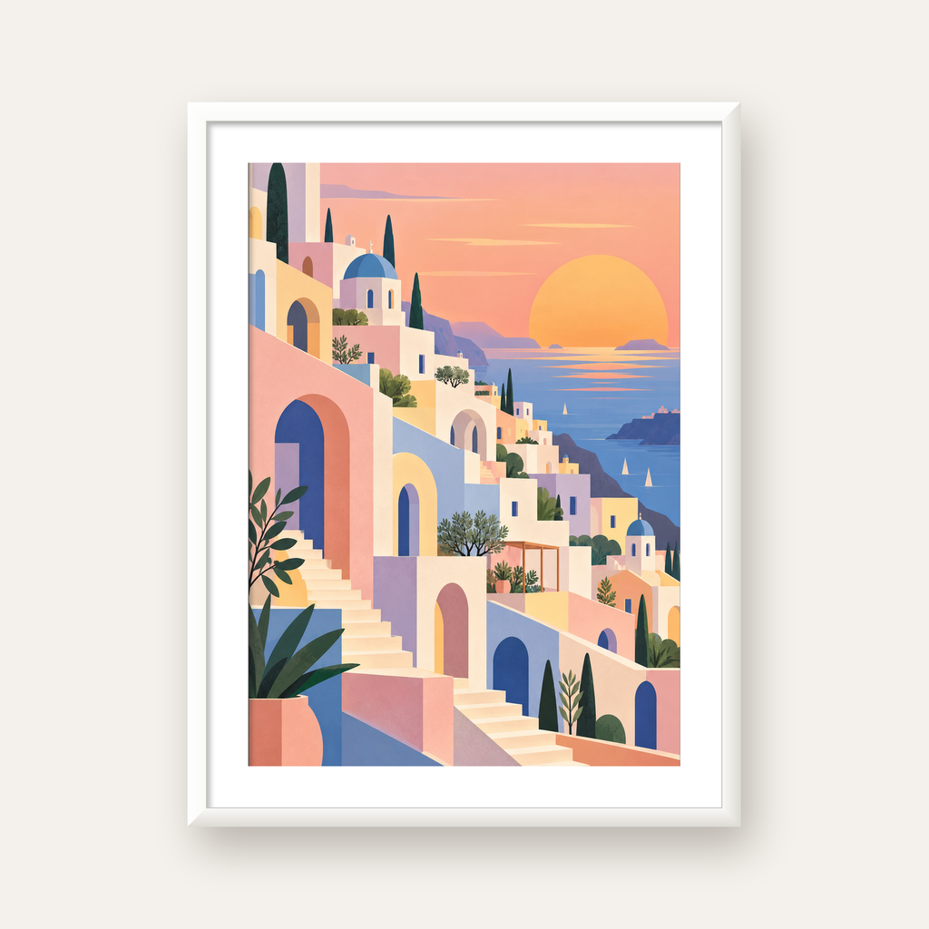 Pastel Akdeniz Şehri — beyaz çerçeveli dikey poster