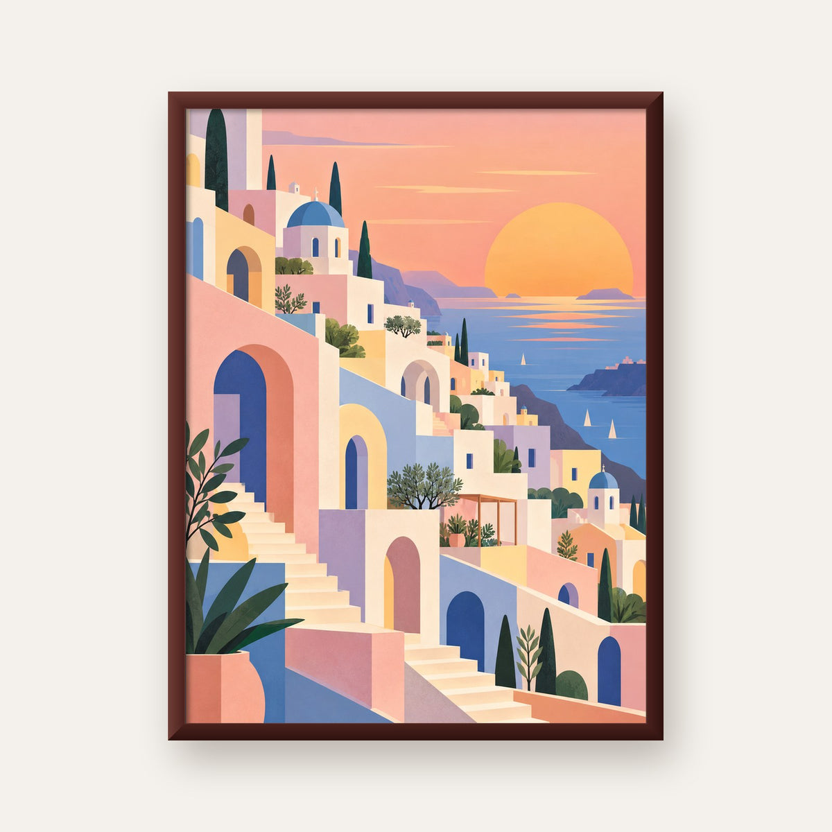 Pastel Akdeniz Şehri — ceviz çerçeveli