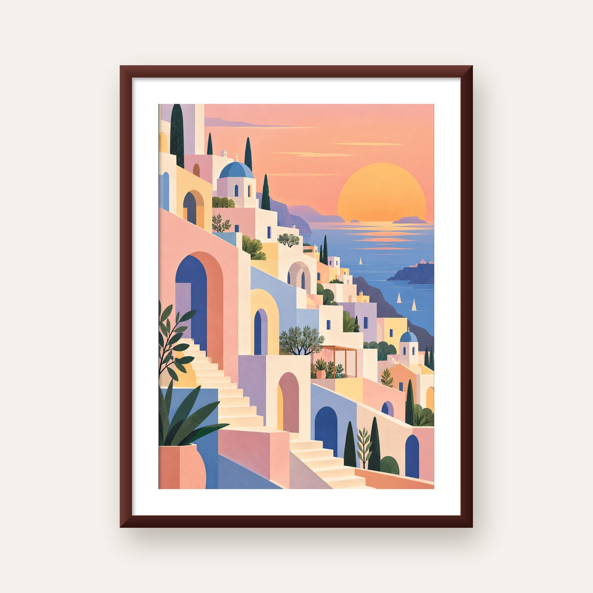 Pastel Akdeniz Şehri — ceviz çerçeveli paspartulu
