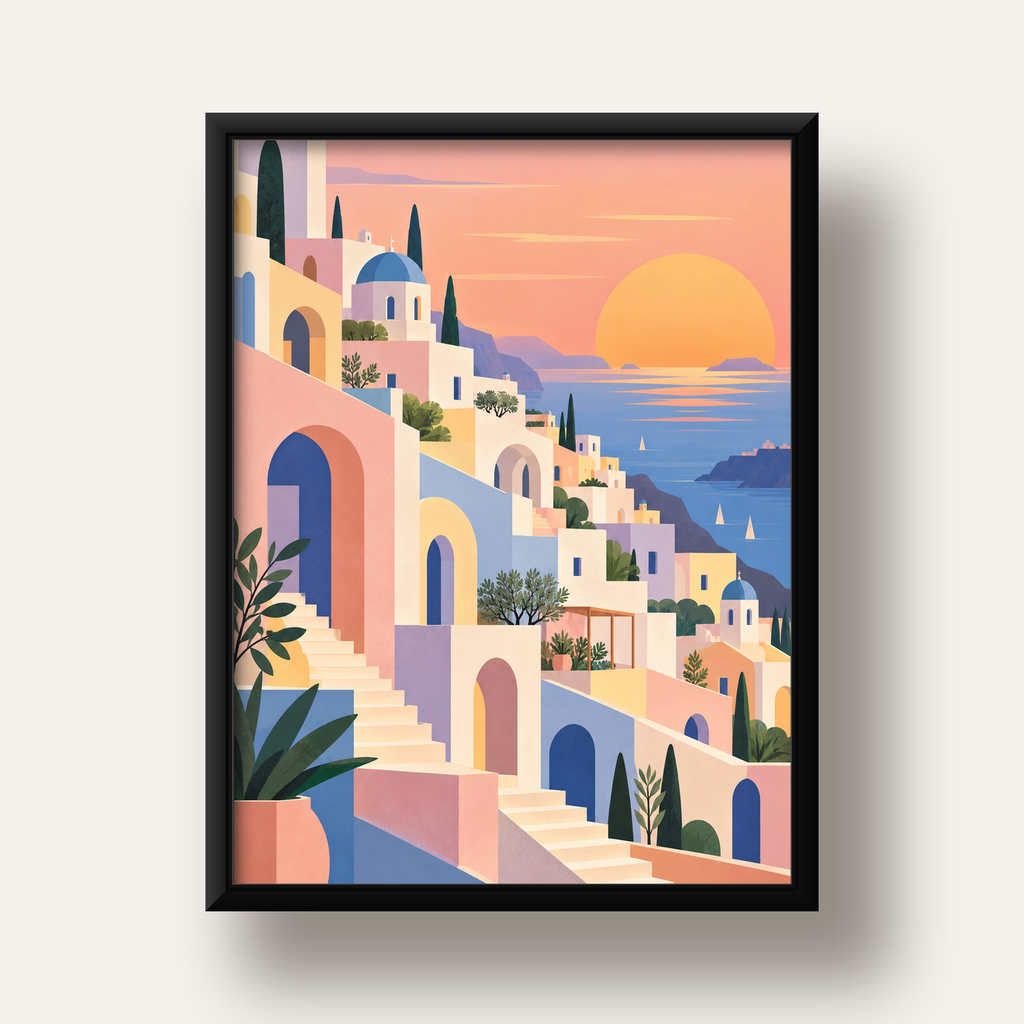 Pastel Akdeniz Şehri — siyah derin çerçeveli