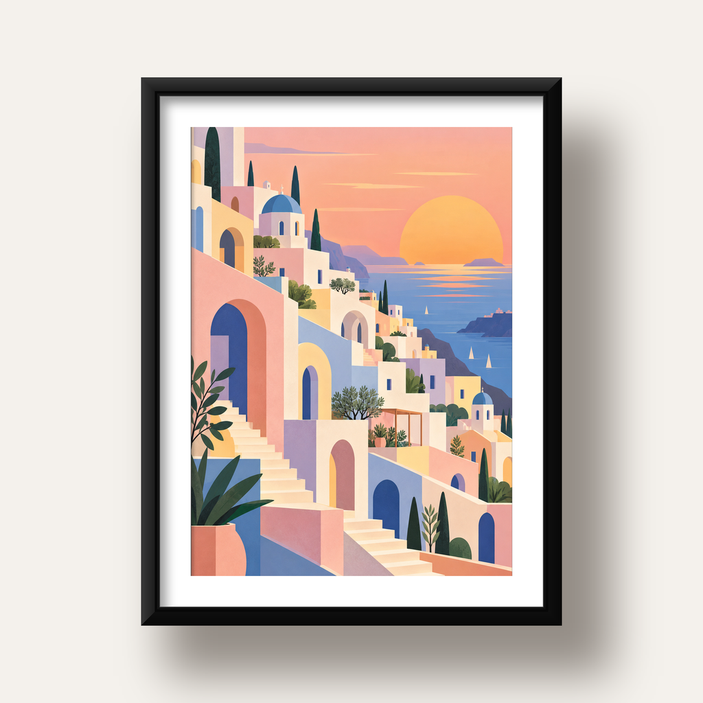 Pastel Akdeniz Şehri — siyah derin çerçeveli paspartulu