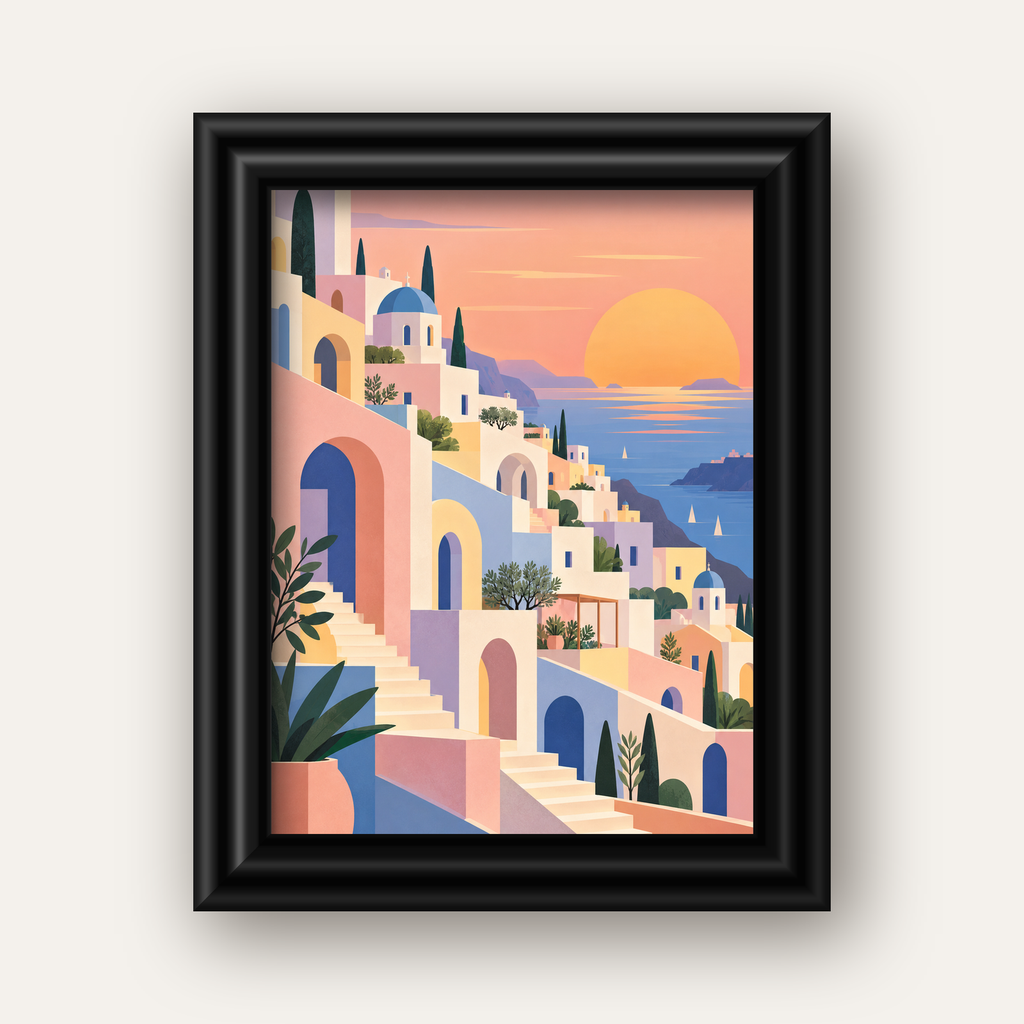 Pastel Akdeniz Şehri — siyah galeri çerçeveli
