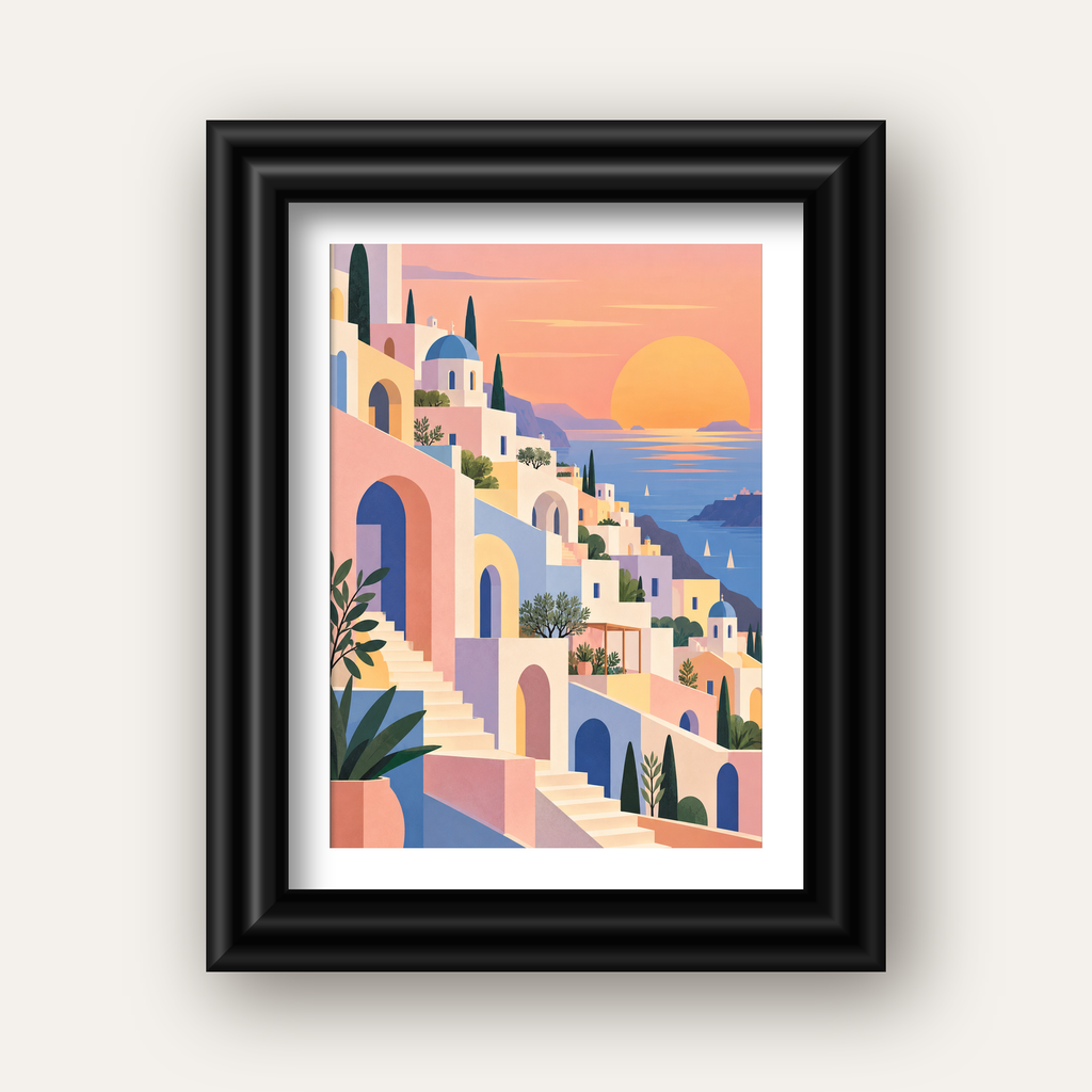 Pastel Akdeniz Şehri — siyah galeri çerçeveli paspartulu