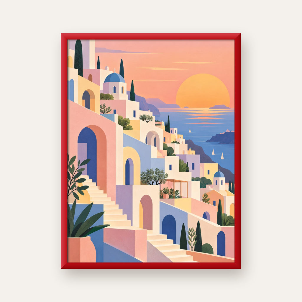 Pastel Akdeniz Şehri — kırmızı çerçeveli