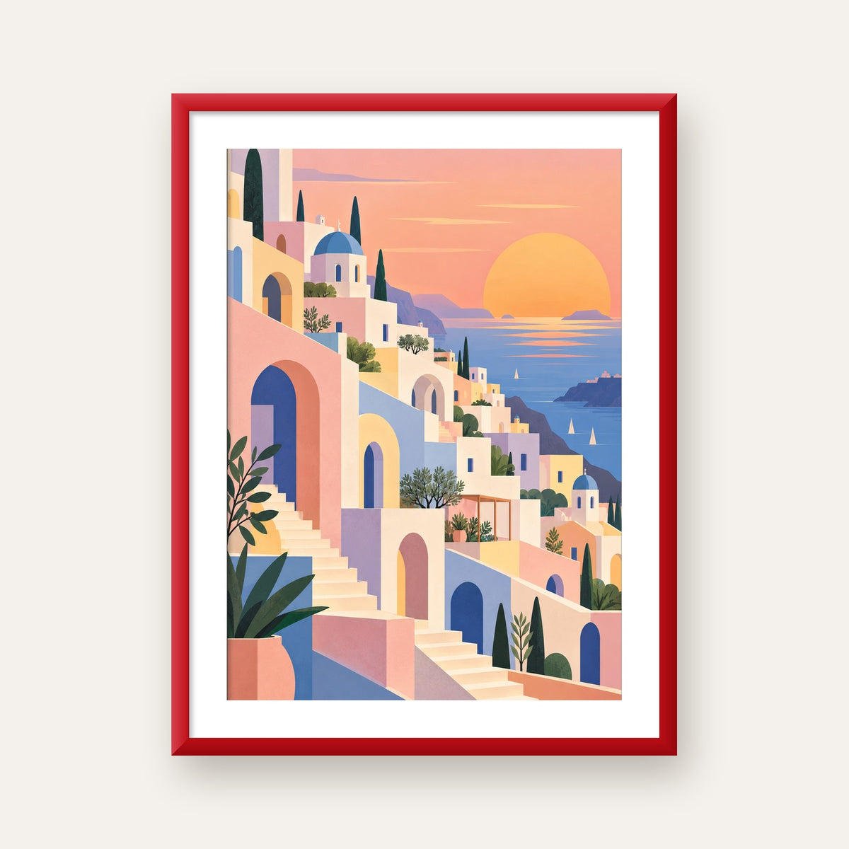Pastel Akdeniz Şehri — kırmızı çerçeveli paspartulu