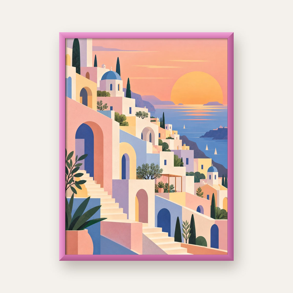 Pastel Akdeniz Şehri — pembe çerçeveli