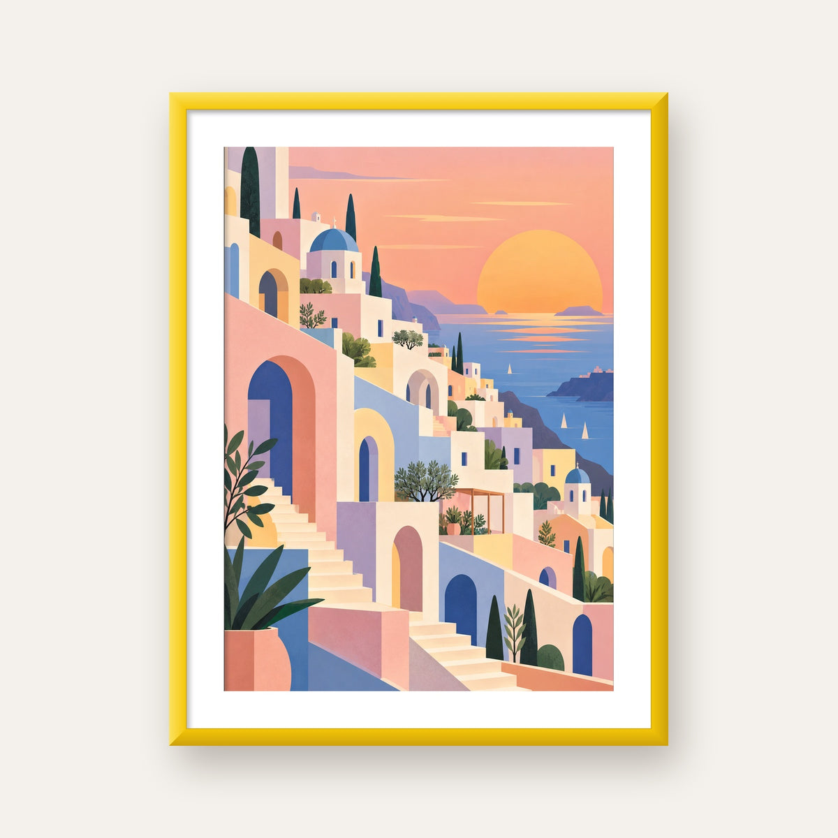 Pastel Akdeniz Şehri — sarı çerçeveli paspartulu