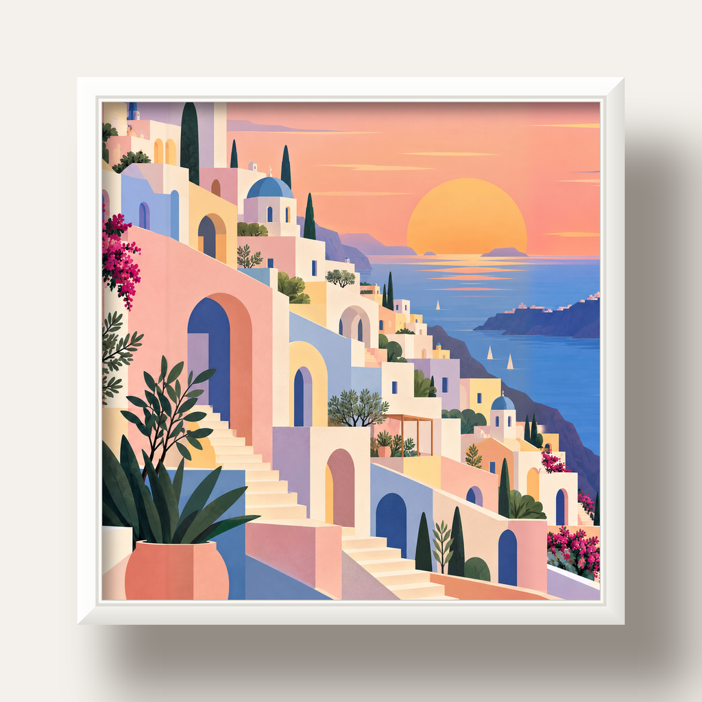 Pastel Akdeniz Şehri — beyaz derin çerçeveli