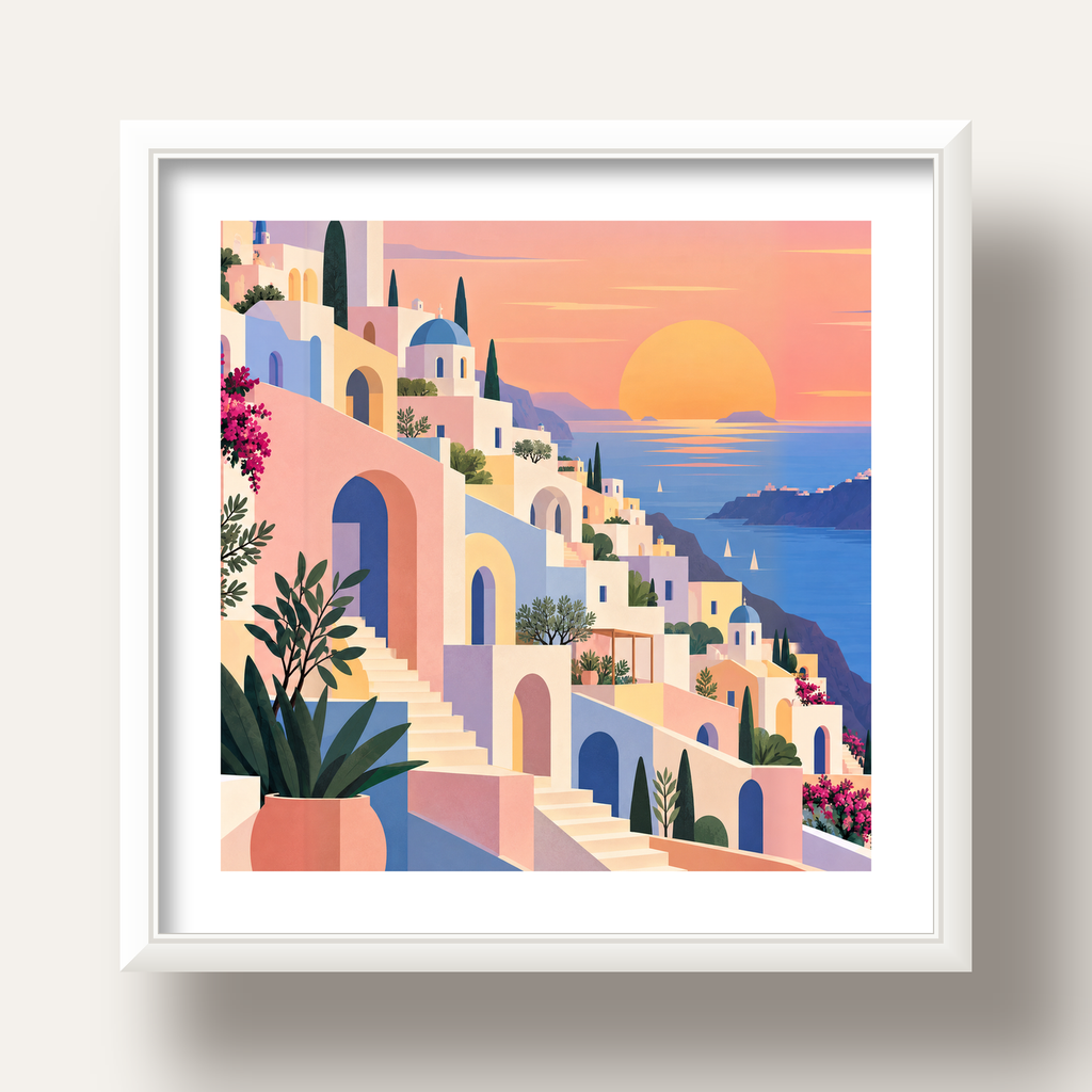 Pastel Akdeniz Şehri — beyaz derin çerçeveli paspartulu