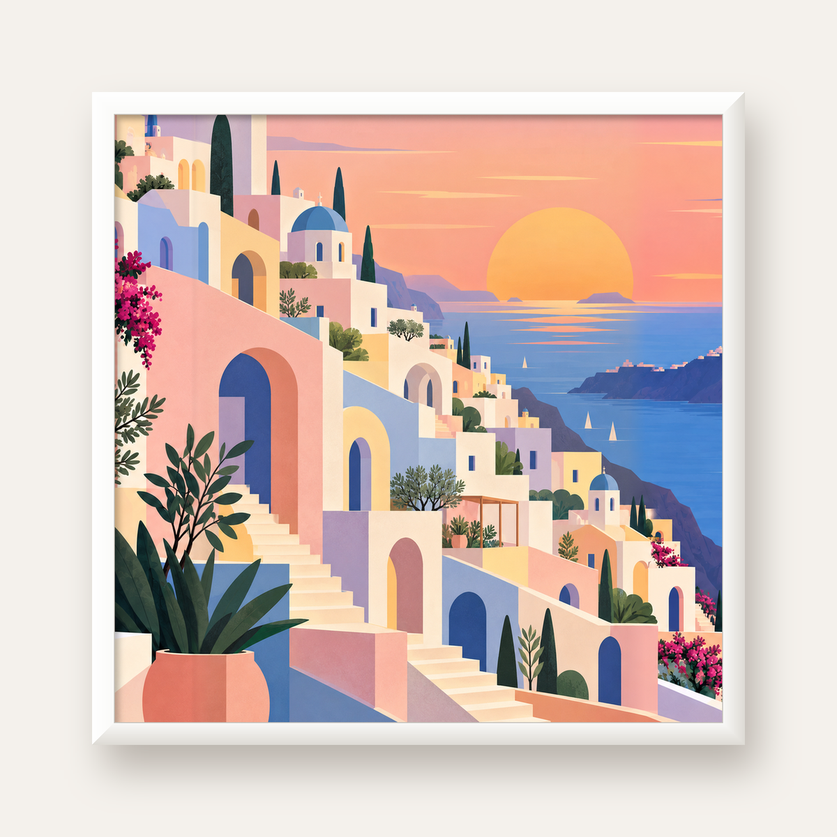 Pastel Akdeniz Şehri — beyaz çerçeveli kare poster