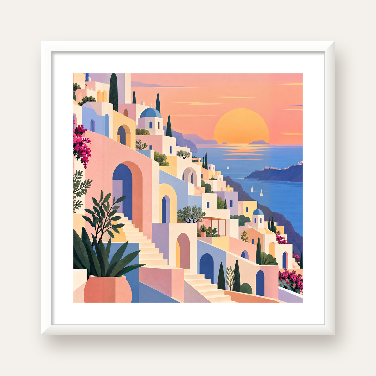 Pastel Akdeniz Şehri — beyaz çerçeveli kare poster