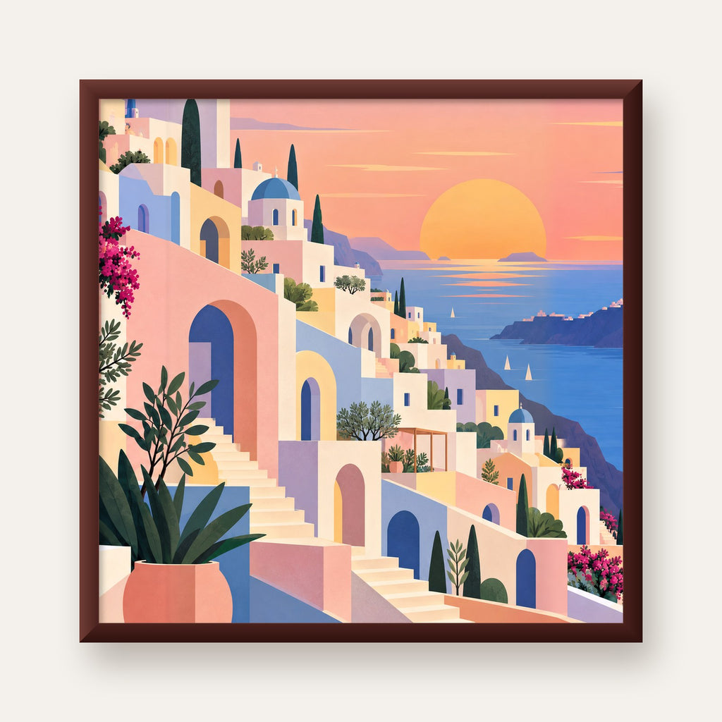 Pastel Akdeniz Şehri — ceviz çerçeveli