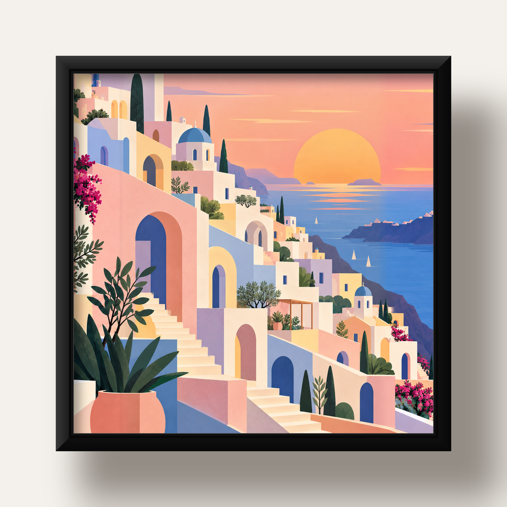 Pastel Akdeniz Şehri — siyah derin çerçeveli