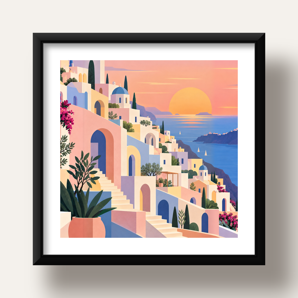 Pastel Akdeniz Şehri — siyah derin çerçeveli paspartulu