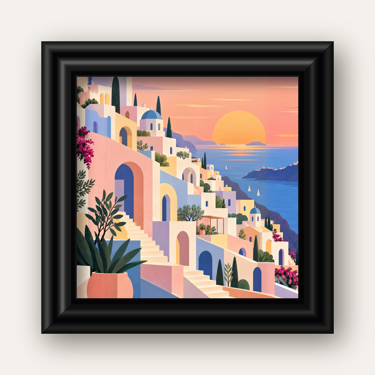 Pastel Akdeniz Şehri — siyah galeri çerçeveli