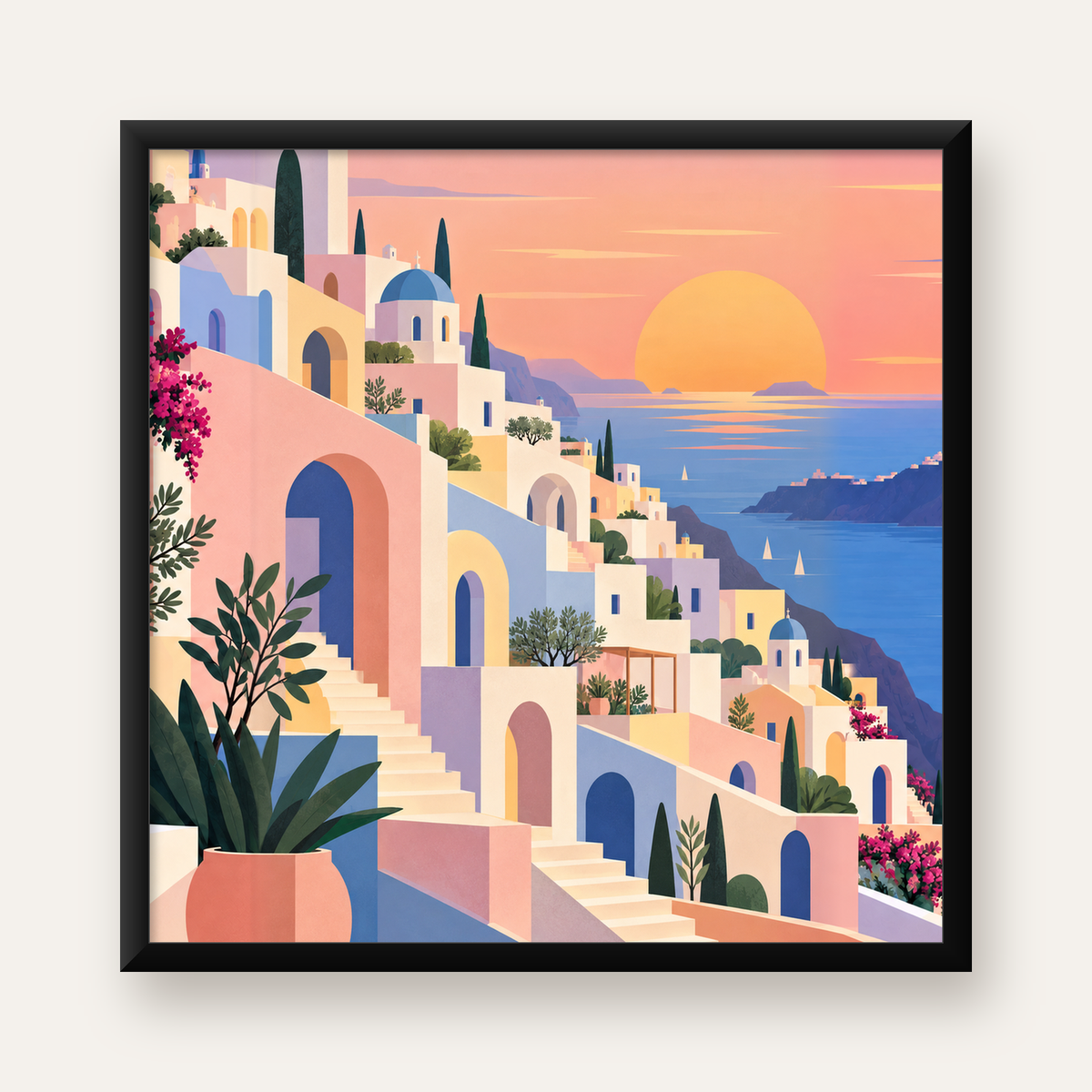 Akdeniz Sahil Kasabası Manzarası Pastel Sanat Poster — Kare baskı, düz siyah çerçeveli duvar posteri