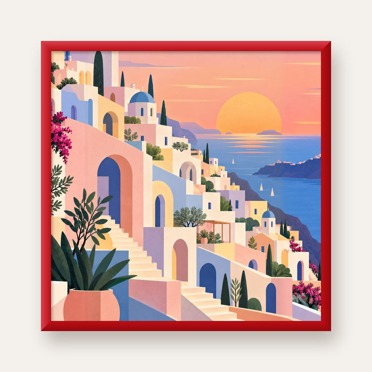 Pastel Akdeniz Şehri — kırmızı çerçeveli