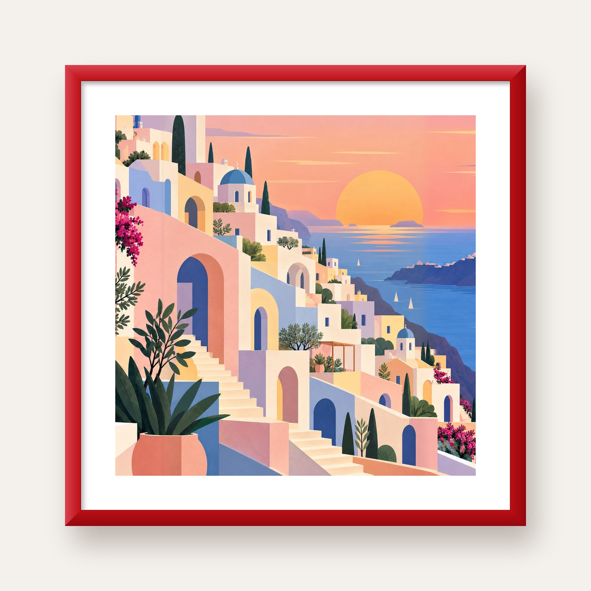 Pastel Akdeniz Şehri — kırmızı çerçeveli paspartulu