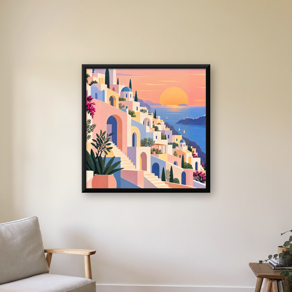 Akdeniz Sahil Kasabası Manzarası Pastel Sanat Poster — Kare baskı, çerçeveli hâliyle bir ev duvarında