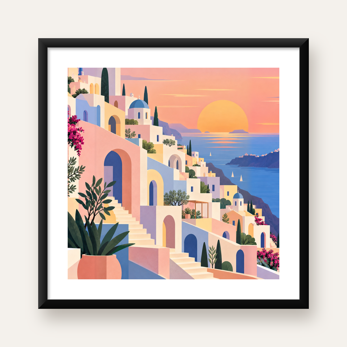 Akdeniz Sahil Kasabası Manzarası Pastel Sanat Poster — Kare baskı, beyaz kenar boşluklu