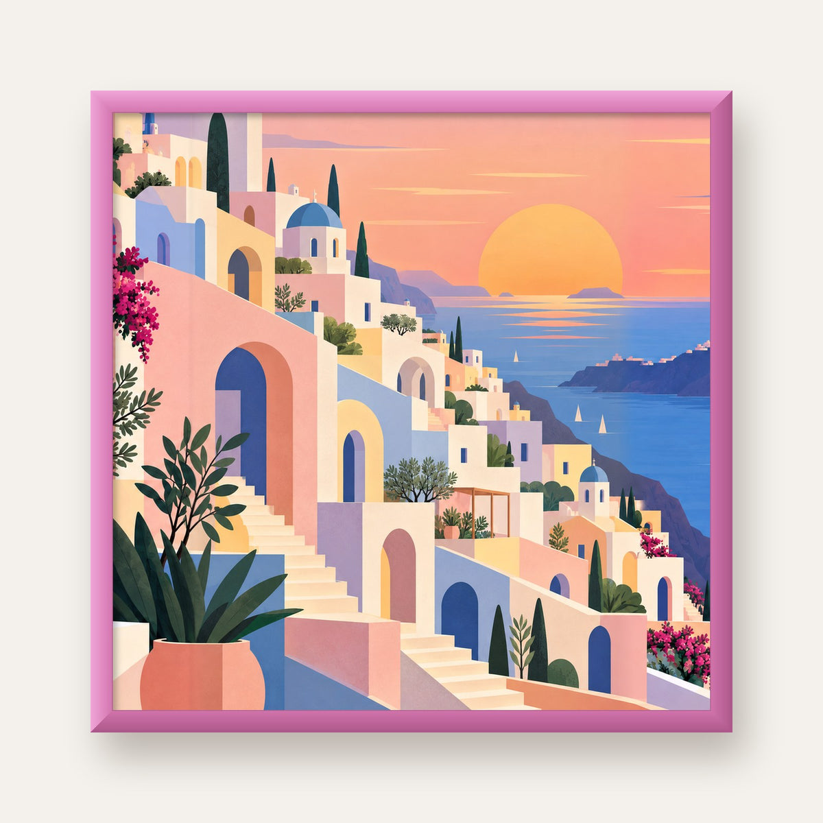 Pastel Akdeniz Şehri — pembe çerçeveli
