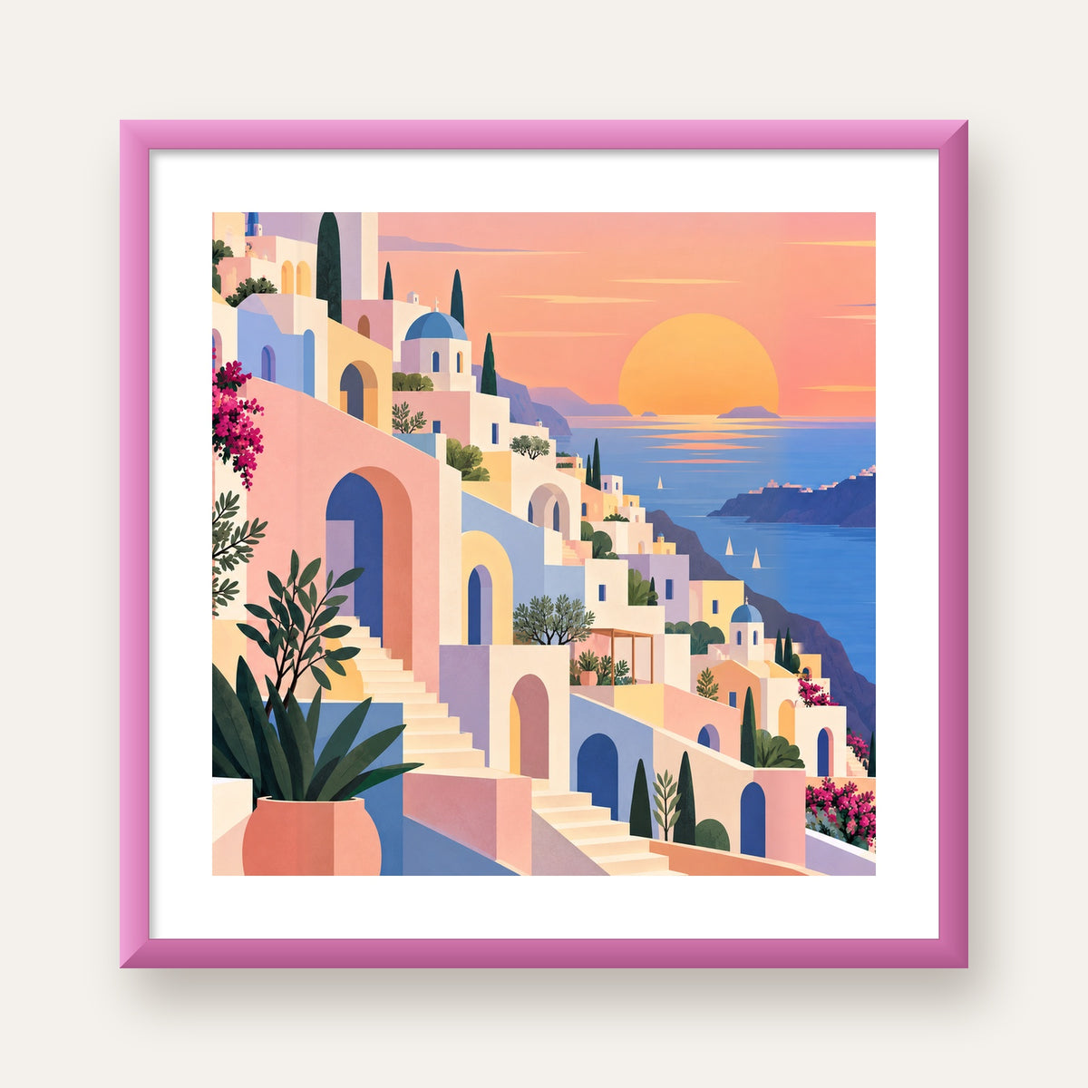 Pastel Akdeniz Şehri — pembe çerçeveli paspartulu