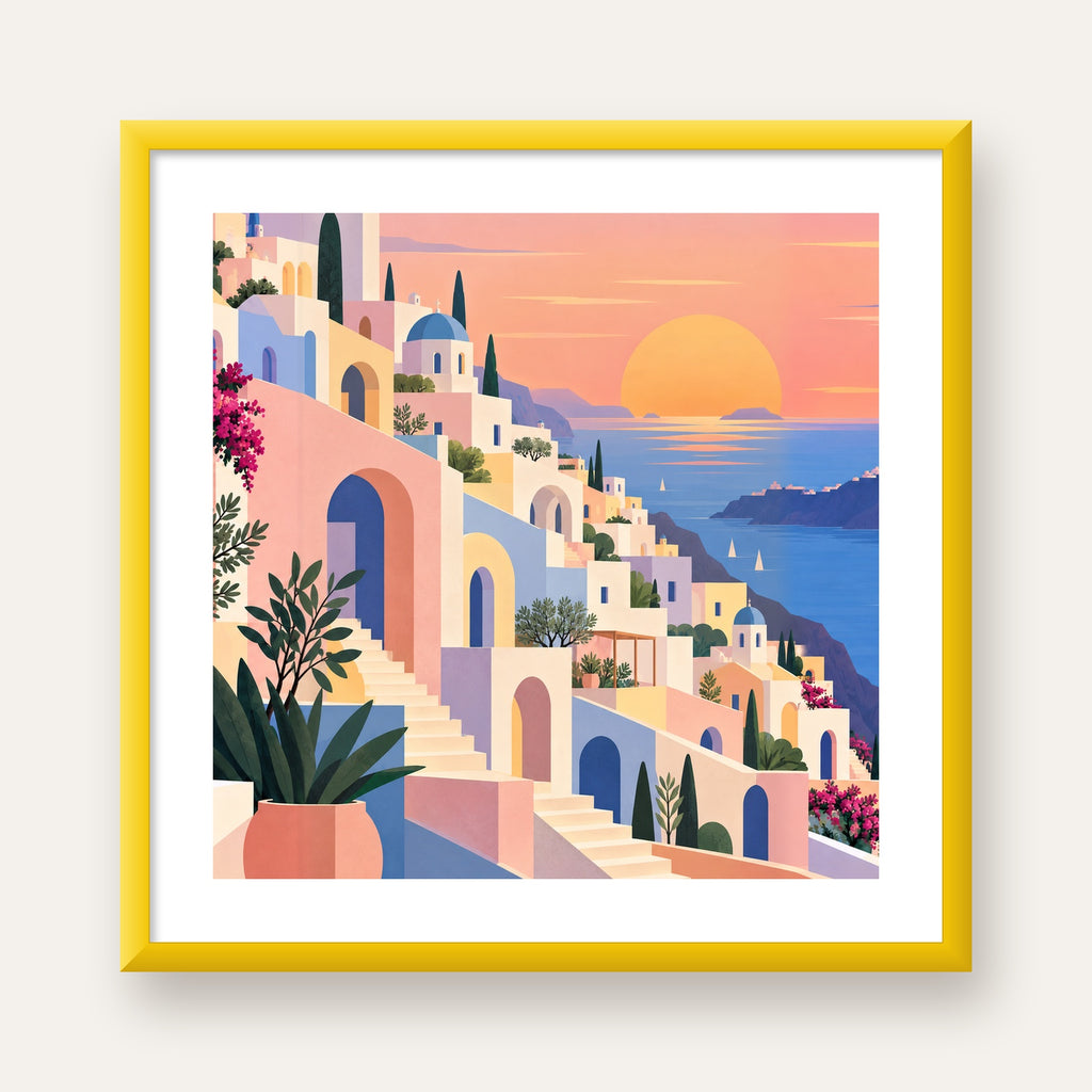 Pastel Akdeniz Şehri — sarı çerçeveli paspartulu
