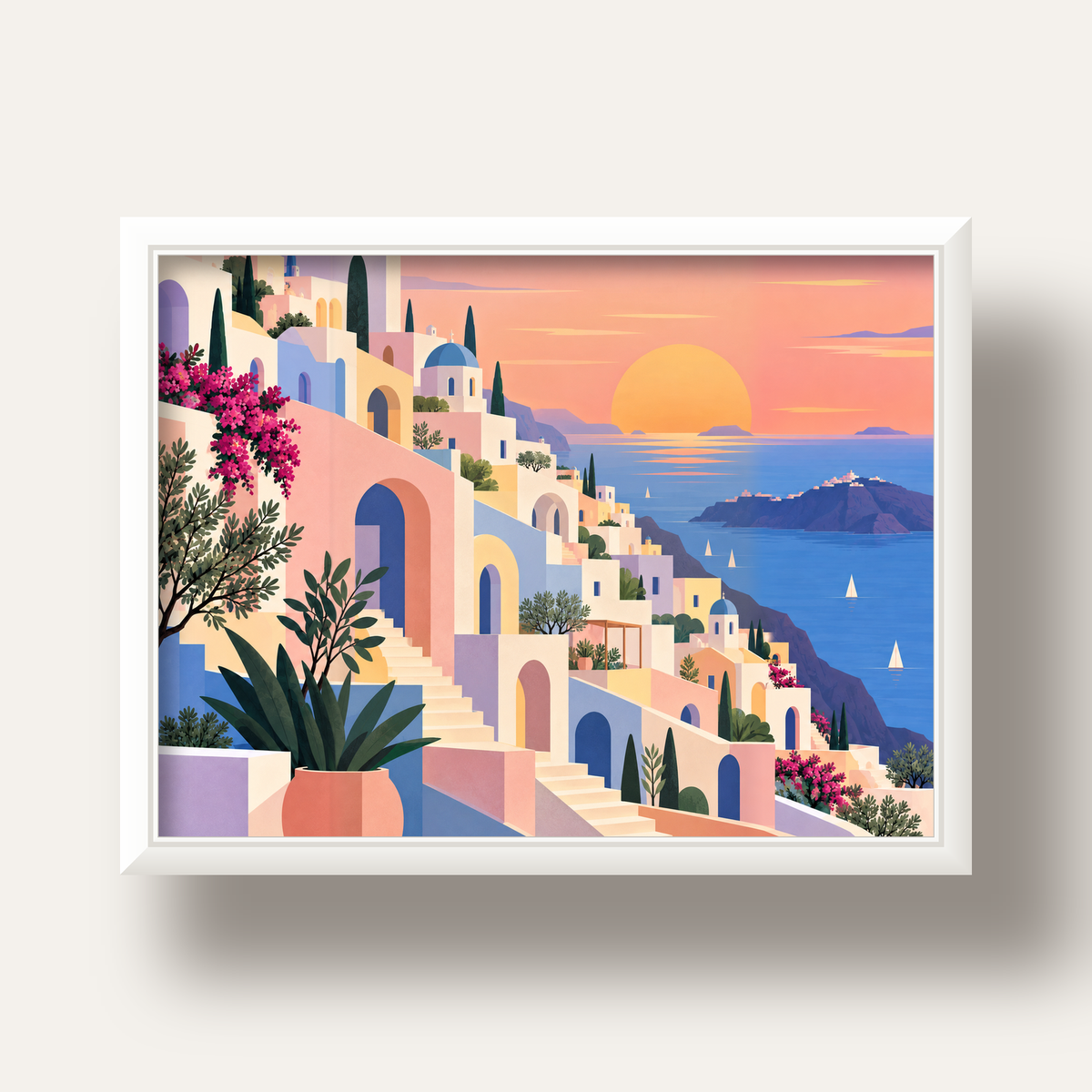 Pastel Akdeniz Şehri — beyaz derin çerçeveli