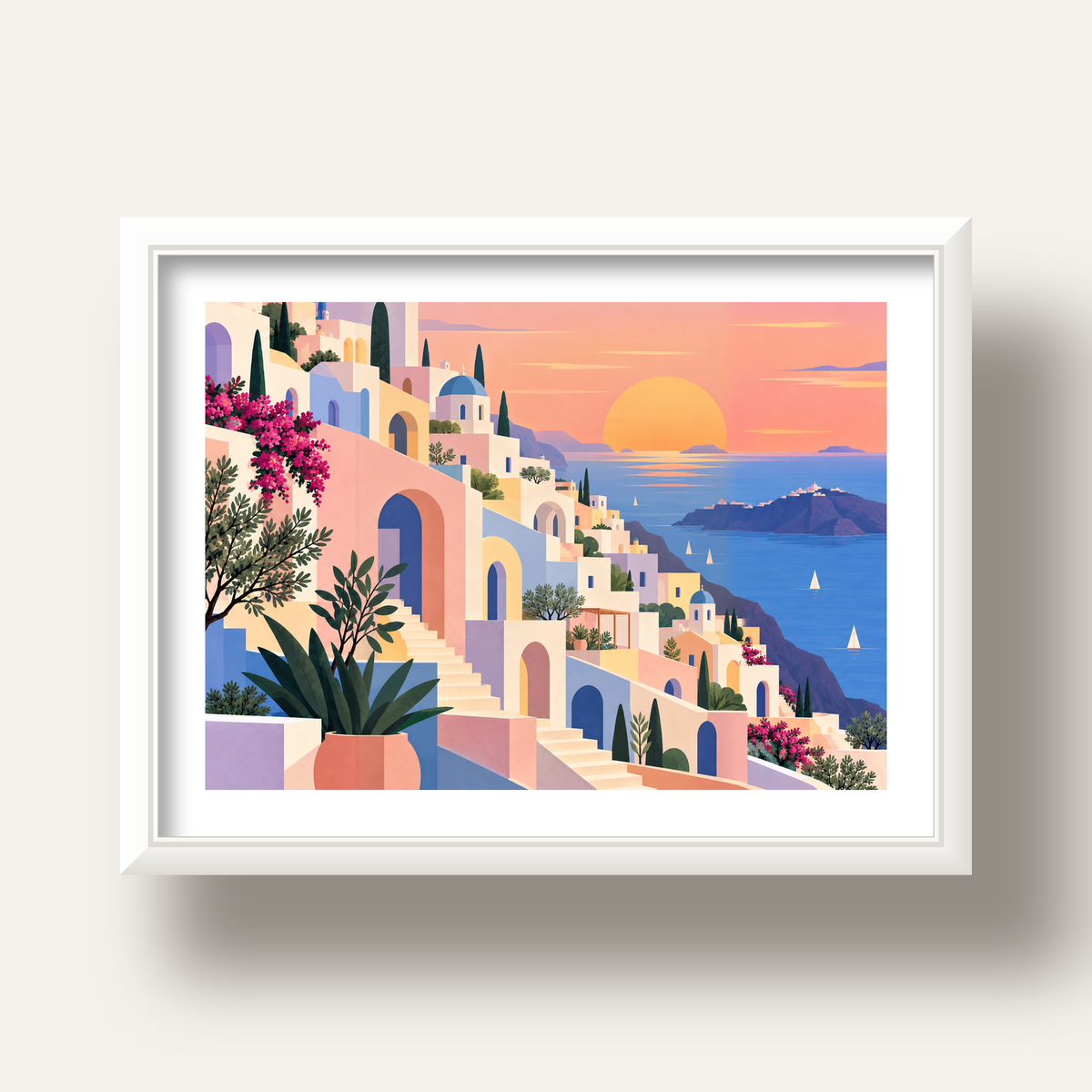 Pastel Akdeniz Şehri — beyaz derin çerçeveli paspartulu