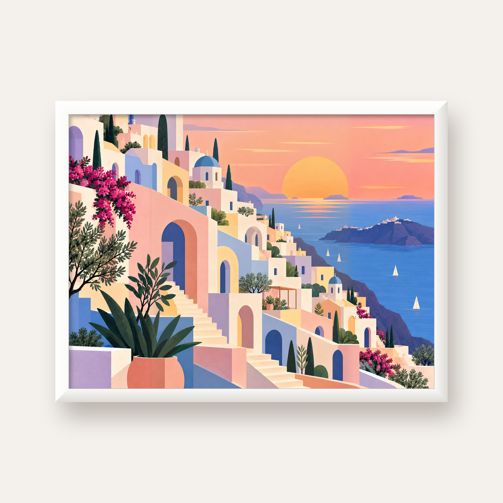 Pastel Akdeniz Şehri — beyaz çerçeveli yatay poster