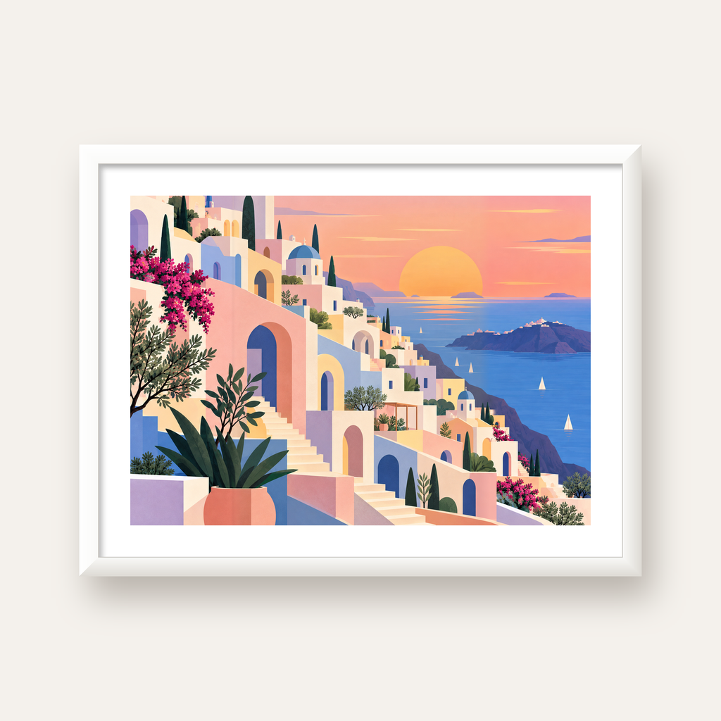 Pastel Akdeniz Şehri — beyaz çerçeveli yatay poster