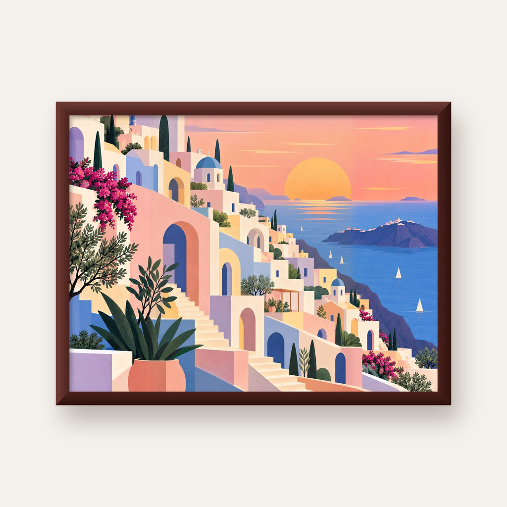 Pastel Akdeniz Şehri — ceviz çerçeveli