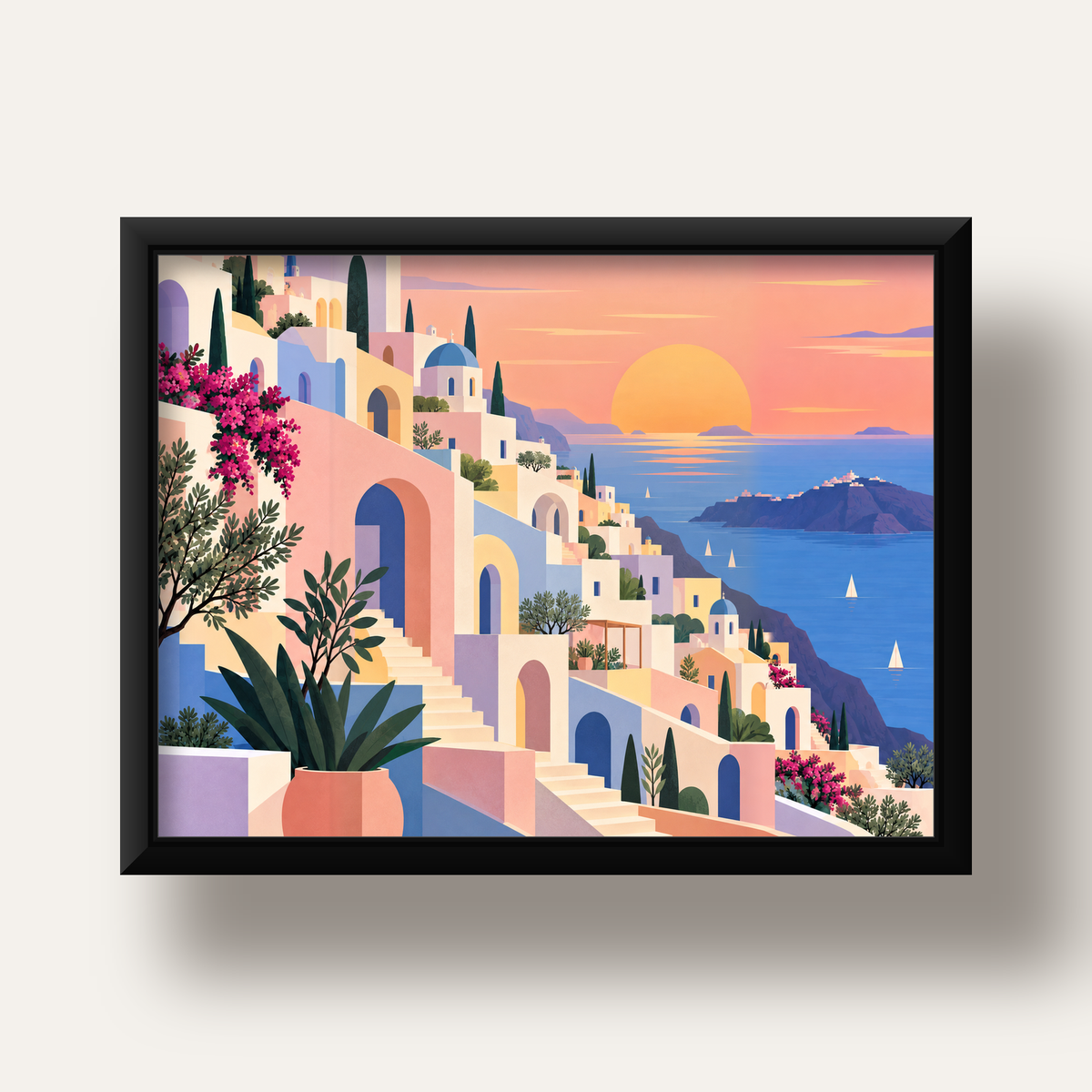 Pastel Akdeniz Şehri — siyah derin çerçeveli