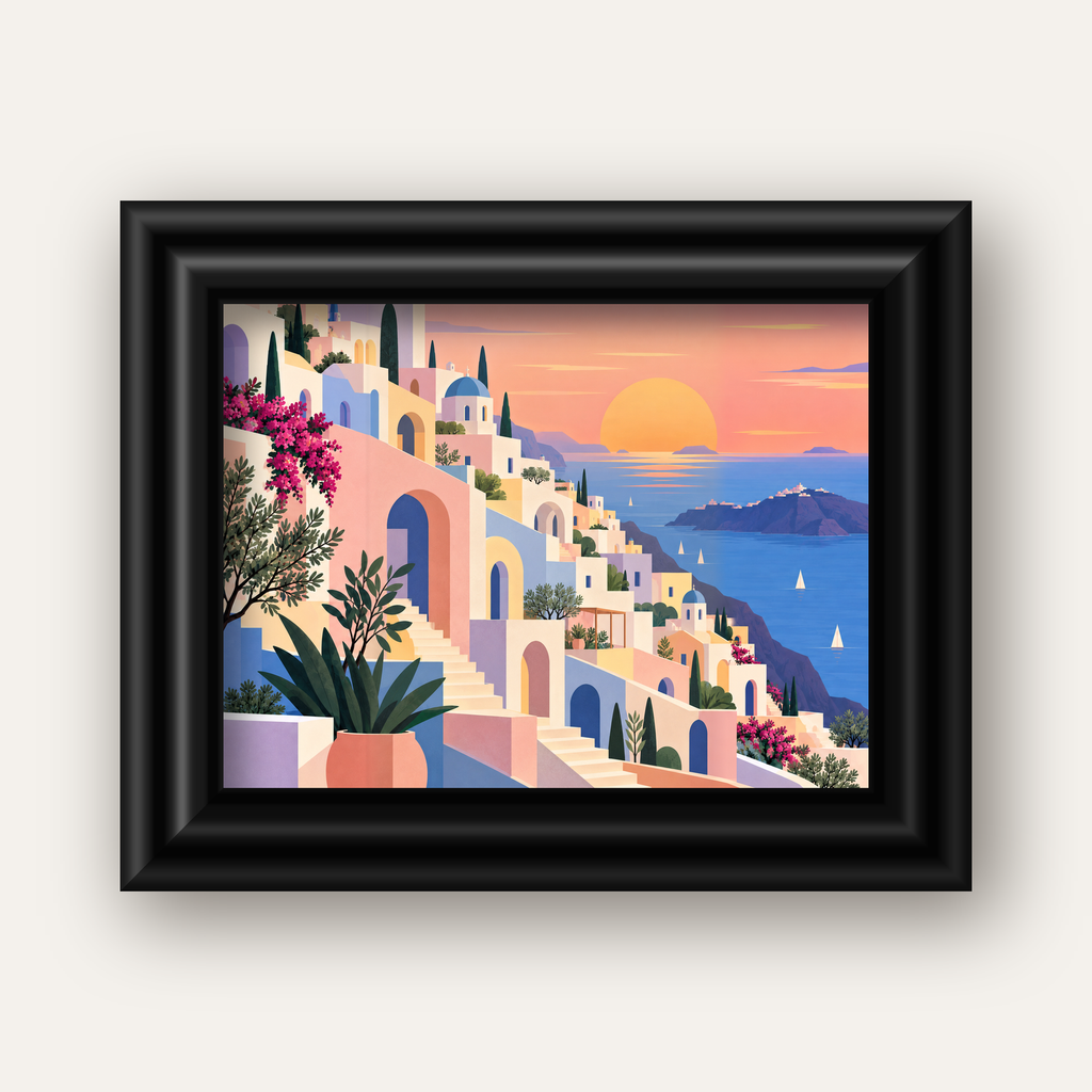 Pastel Akdeniz Şehri — siyah galeri çerçeveli