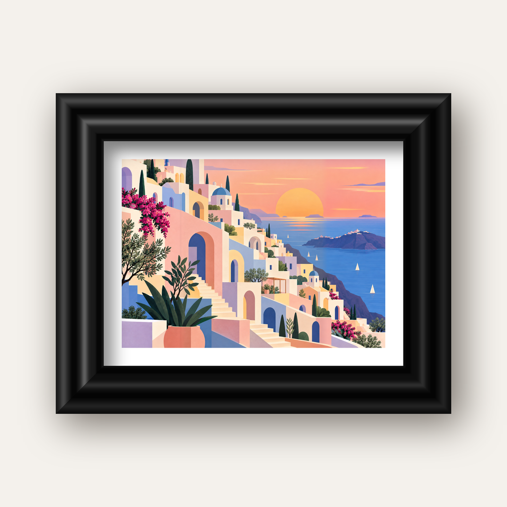 Pastel Akdeniz Şehri — siyah galeri çerçeveli paspartulu