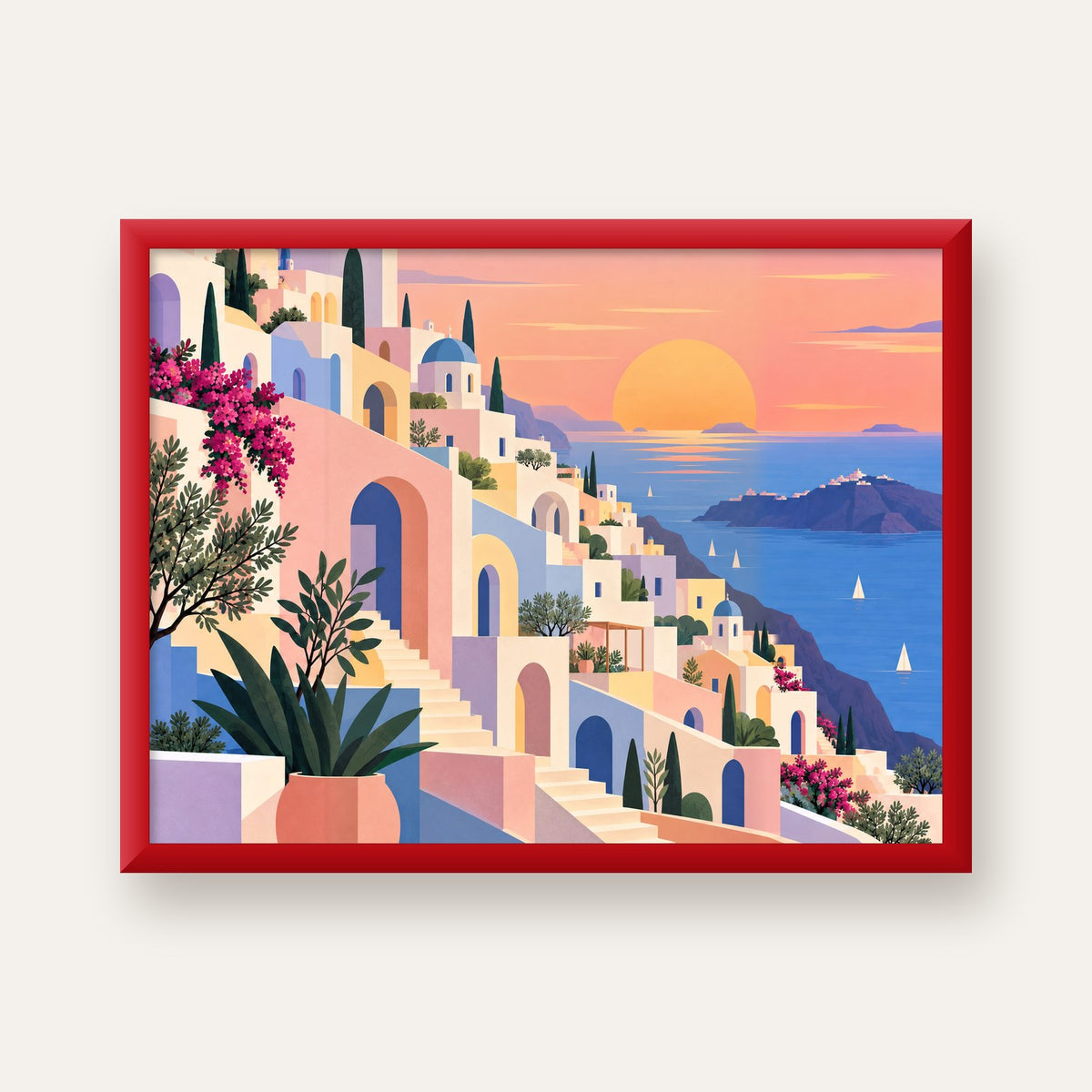 Pastel Akdeniz Şehri — kırmızı çerçeveli