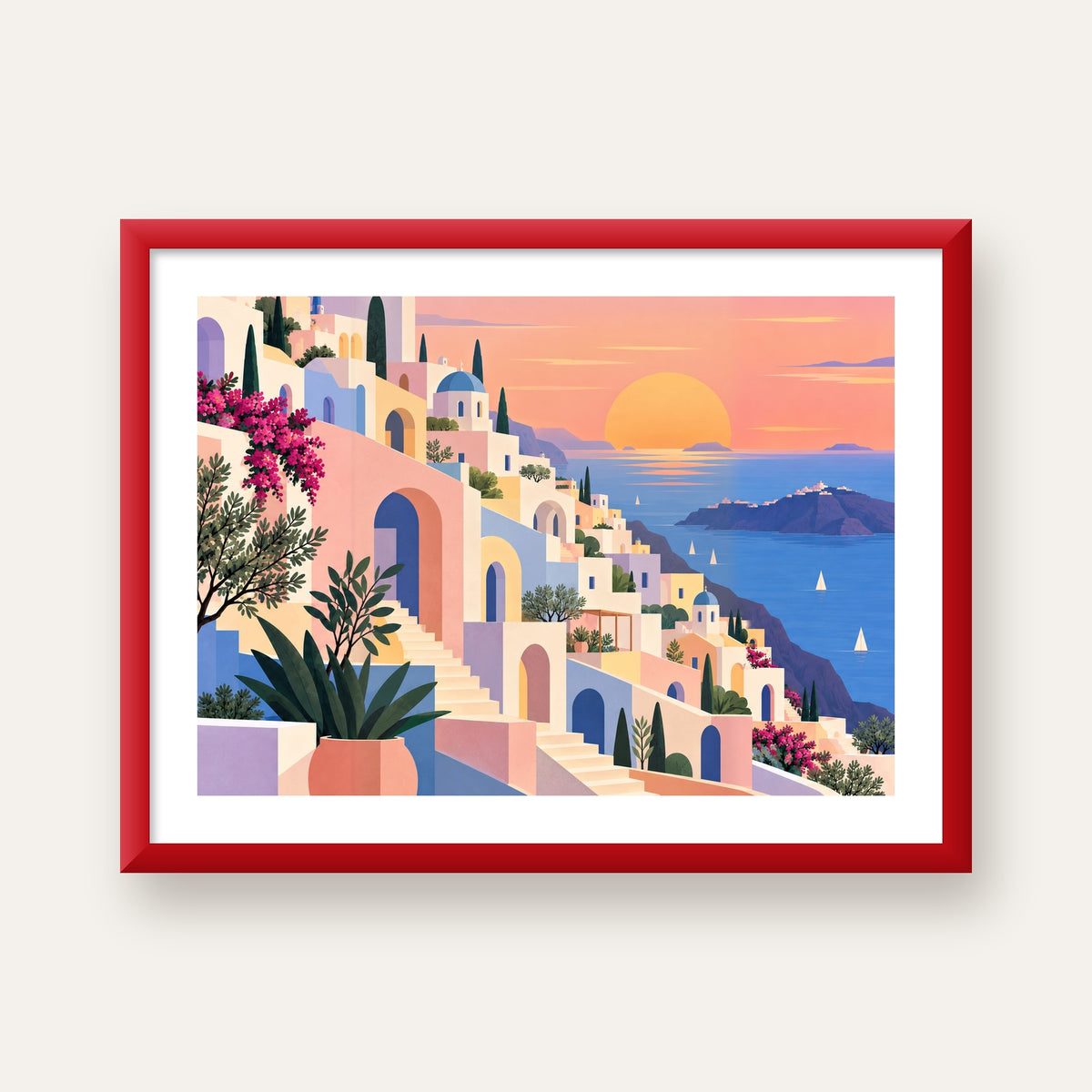 Pastel Akdeniz Şehri — kırmızı çerçeveli paspartulu