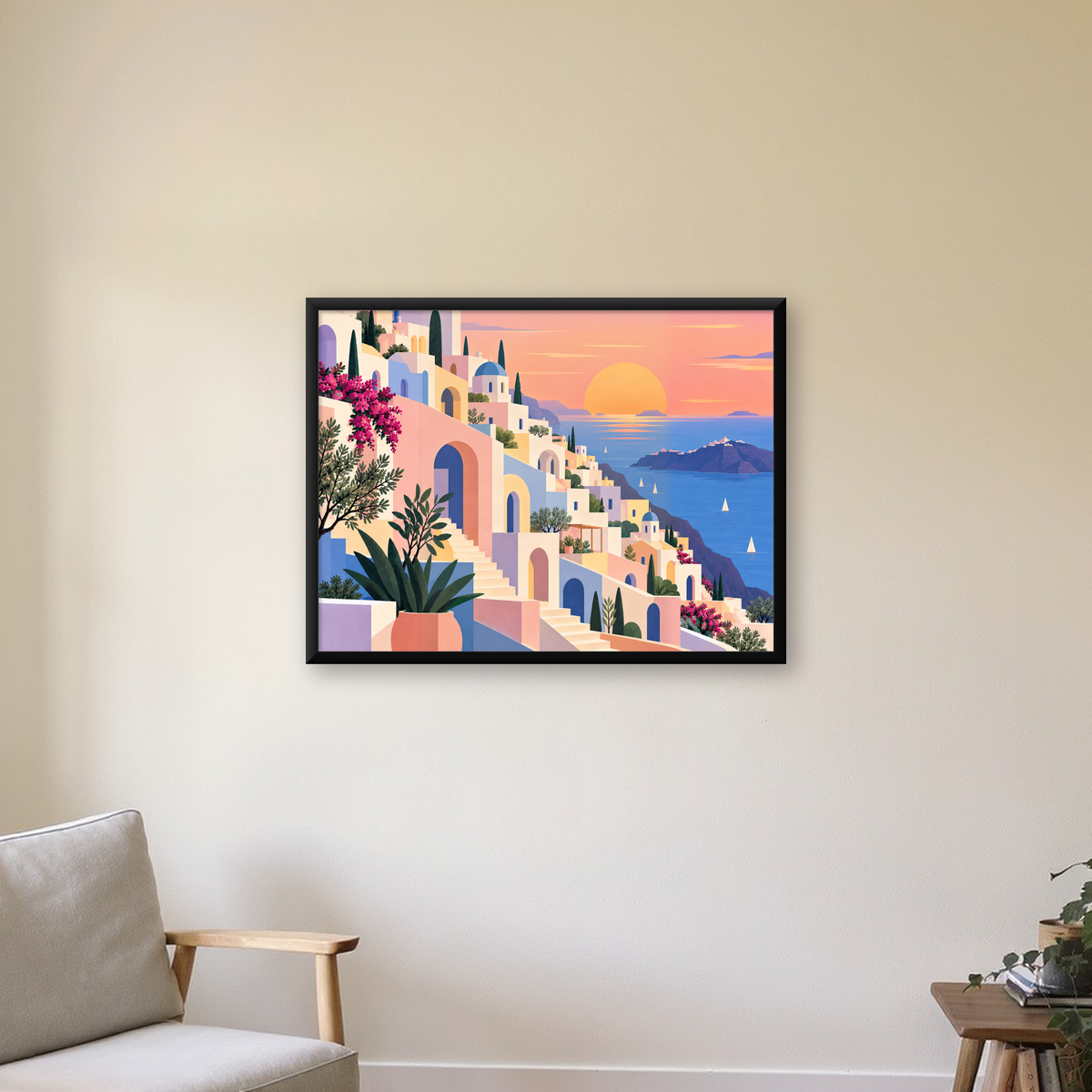 Akdeniz Sahil Kasabası Manzarası Pastel Sanat Poster — Yatay baskı, çerçeveli hâliyle bir ev duvarında