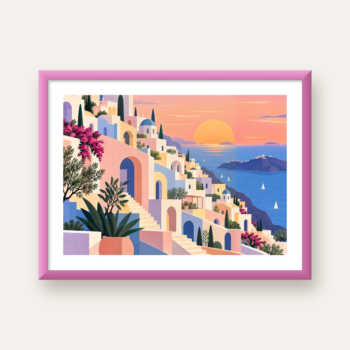 Pastel Akdeniz Şehri — pembe çerçeveli paspartulu
