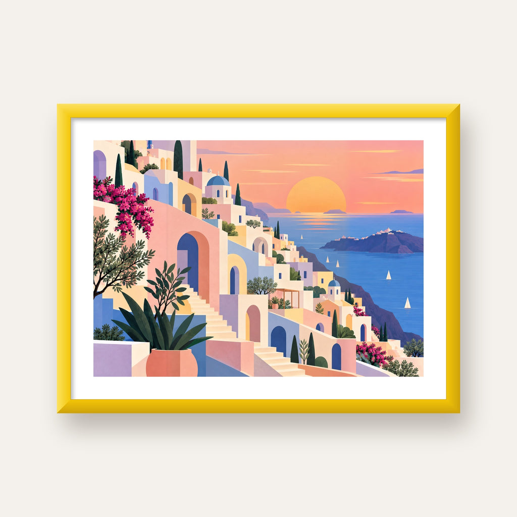 Pastel Akdeniz Şehri — sarı çerçeveli paspartulu