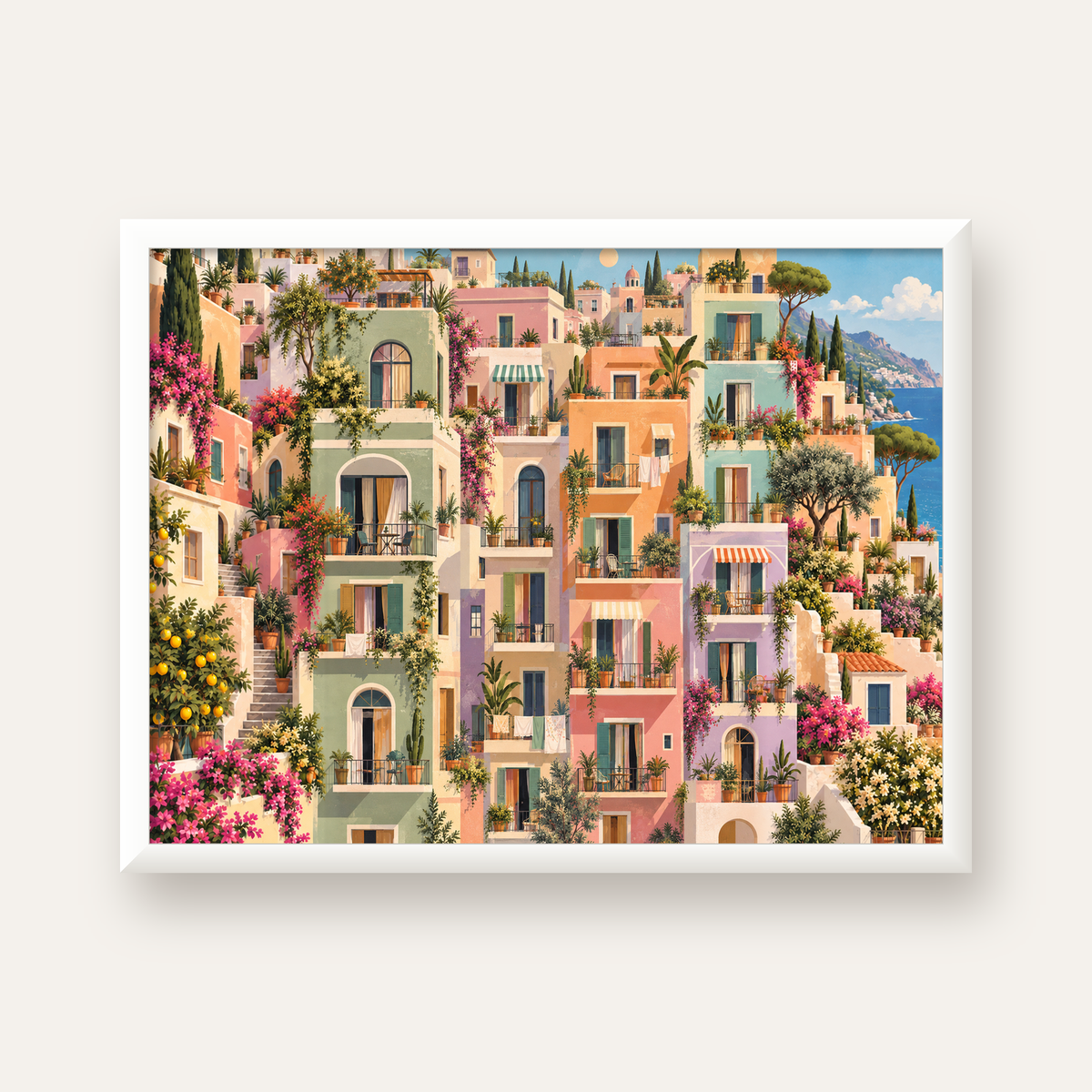 Pastel Apartman Cepheleri — beyaz çerçeveli yatay poster