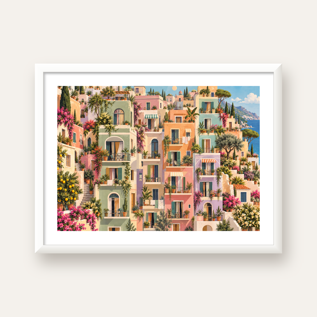 Pastel Apartman Cepheleri — beyaz çerçeveli yatay poster