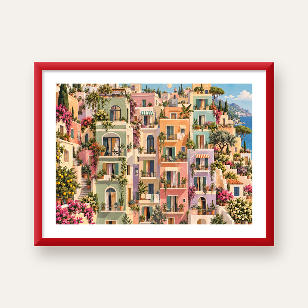 Pastel Apartman Cepheleri — kırmızı çerçeveli paspartulu