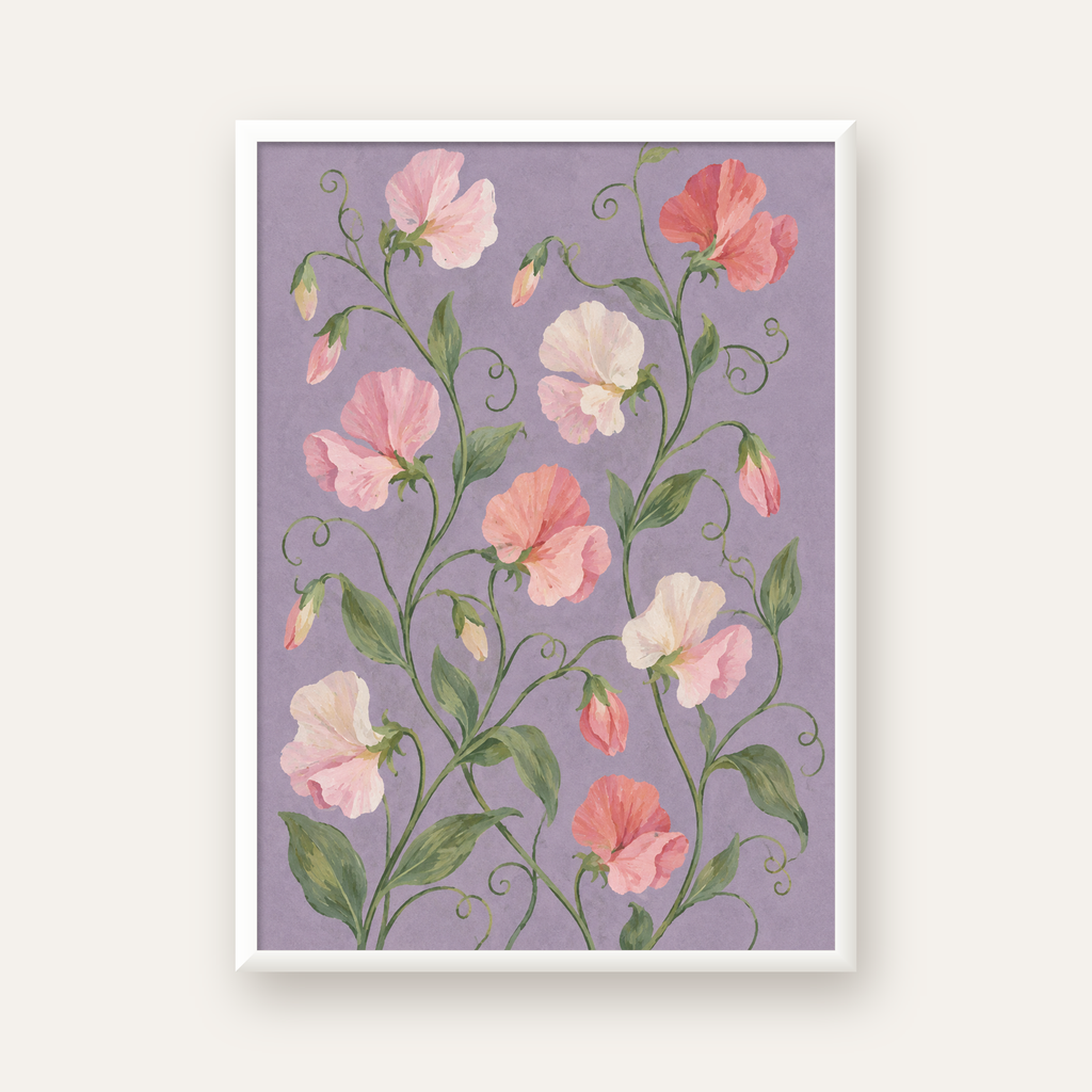 Mor Zeminde Pastel Suluboya Çiçek Desenli Poster — beyaz çerçeveli dikey poster