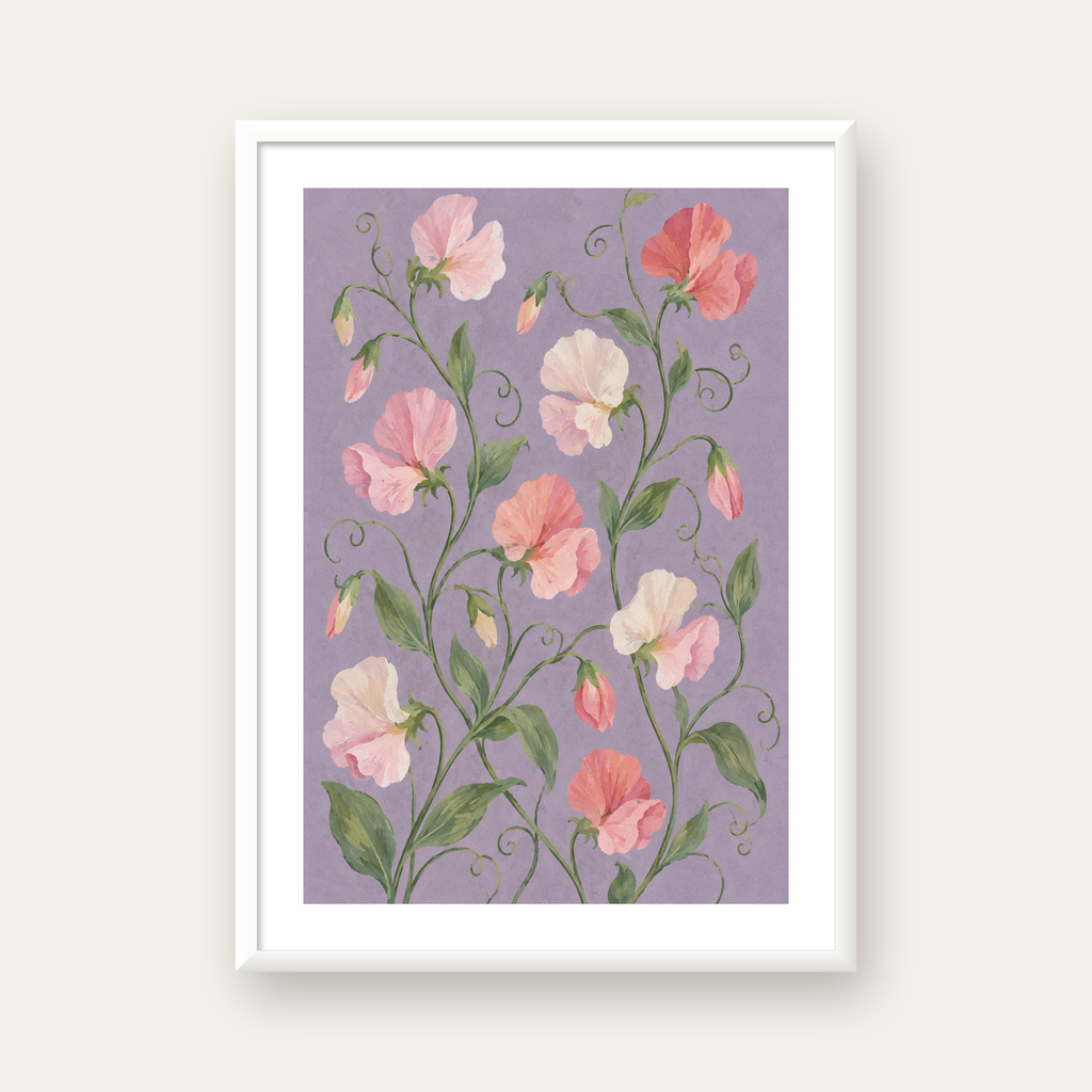 Mor Zeminde Pastel Suluboya Çiçek Desenli Poster — beyaz çerçeveli dikey poster
