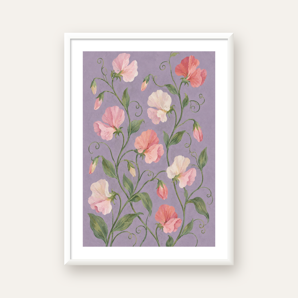 Mor Zeminde Pastel Suluboya Çiçek Desenli Poster — beyaz çerçeveli dikey poster