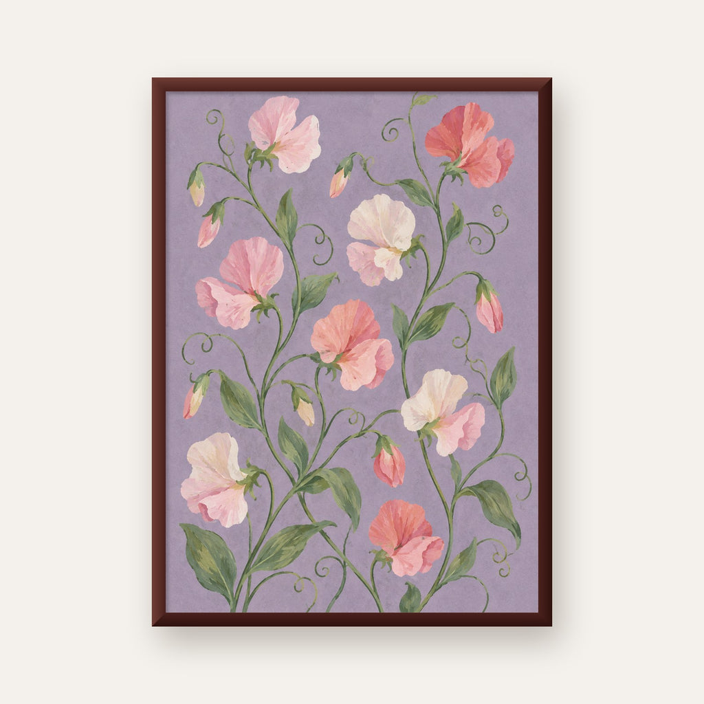 Mor Zeminde Pastel Suluboya Çiçek Desenli Poster — ceviz çerçeveli