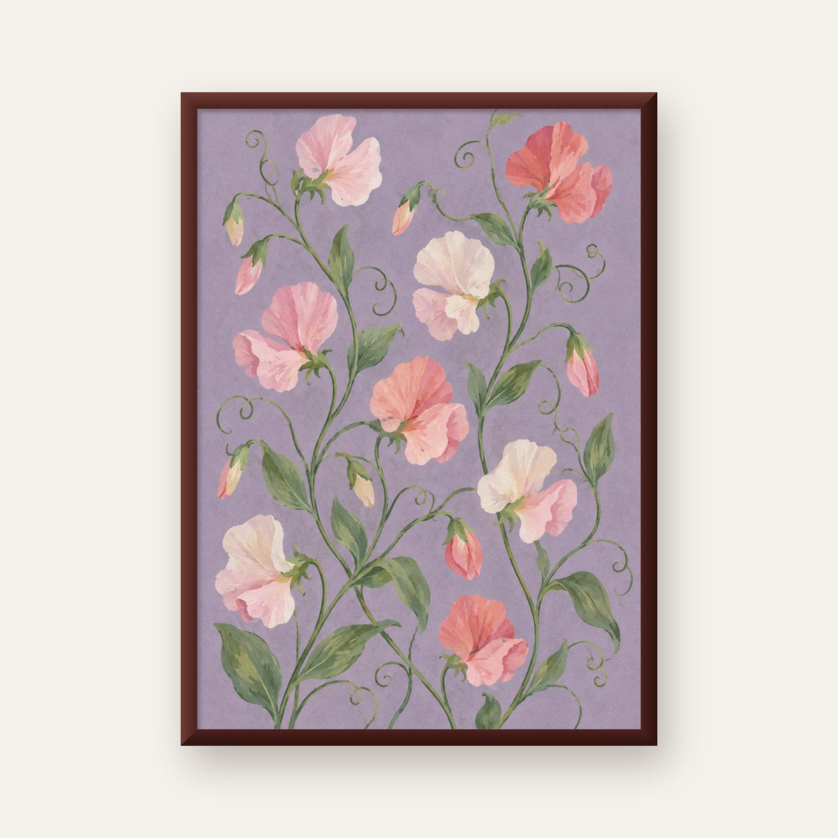 Mor Zeminde Pastel Suluboya Çiçek Desenli Poster — ceviz çerçeveli